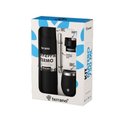 Kit Bala Terrano Termo Bombilla Y Mate Negro 750 Ml 