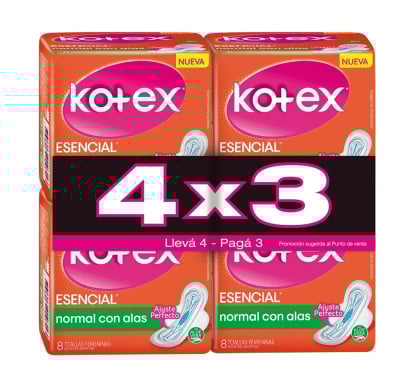 Toallitas Femeninas Kotex Esencial 4x3