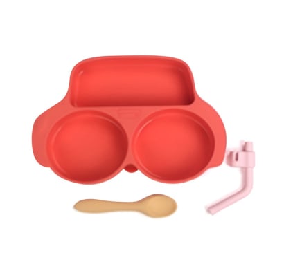 Set Rabbit De Silicona Plato, Sorbito Y Cuchara Rojo