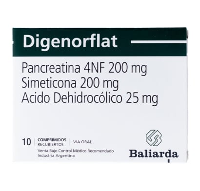 Digenorflat Pancreatina 4nf 200 Mg / Simeticona 200 Mg / Acido Dehidrocólico 25 Mg 10 Comprimidos Recubiertos