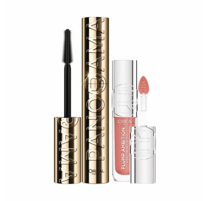Combo L'Oréal Paris Máscara de Pestañas Voluminous Panorama Blackest Black y Brillo Labial Plump Ambition N°601 Worth It