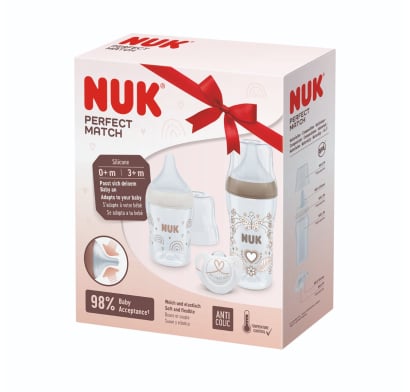 Set de Inicio Nuk Perfect Match Mamadera 150 ml + Mamadera 260 ml + Chupete 0-6 m