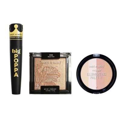 Combo Wet And Wild Iluminador N°320, Iluminador Mega Glow N°335a Bloom Time y Máscara De Pestañas Big Poppa Black
