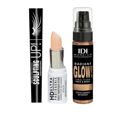 Combo Idi Corrector N°1 Ivory, Iluminador Glow N°02 y  Máscara De Pestaña Sculping Up N°1 Black