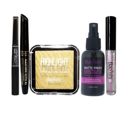Combo Baolishi Iluminador, Fijador De Maquillaje, Máscara De Pestañas, Delineador De Ojos Doble y Brillo Labial N°36