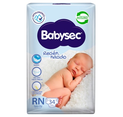 Pañales Babysec Recién Nacido 34 Unidades
