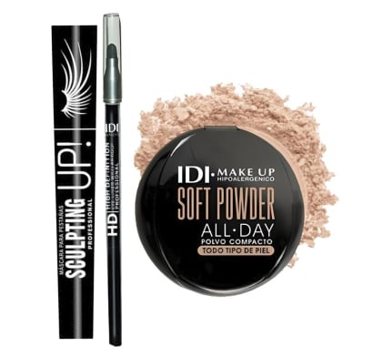 Combo Idi Polvo Compacto All Day N°01 Porcelana, Delineador De Ojos Retráctil Con Esfumino Waterproof N°1 y Máscara De Pestañas Volumen Up N°1 Black