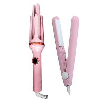 Combo Top Premium Buclera Giratoria y Planchita Para Viaje Rosa