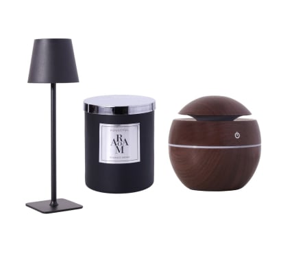 Combo Farma Hogar Vela Decorativa, Humidificador Difusor Ovalado Colores Surtidos y Lámpara de Luz Led Táctil Recargable