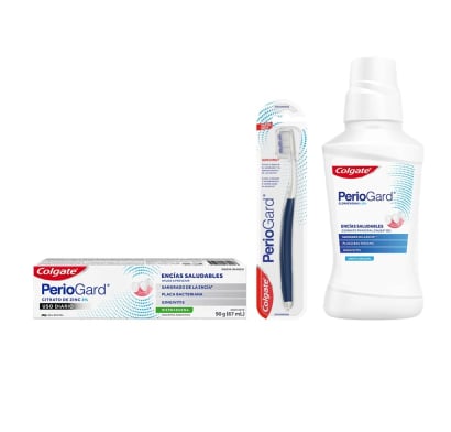Combo Colgate PerioGard Enjuague bucal 250 ml, Pasta de dientes 90 g y Cepillo de Dientes 1 Unidad