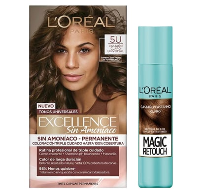 Combo L'oréal Paris Tinta Excellence Sin Amoníaco N°5u Castaño Claro Universal y Spray Magic Retouch Castaño Claro 75 Ml