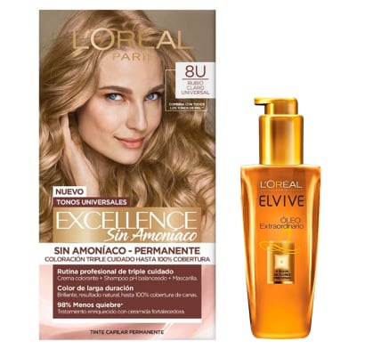 Combo L'oréal Paris Tinta Excellence Sin Amoníaco N°8u Rubio Claro y Tratamiento Elvive óleo Extraordinario 100 Ml
