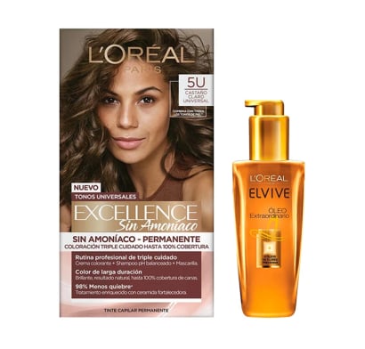 Combo L'oréal Paris Tinta Excellence Sin Amoníaco N°5u Castaño Claro Universal y Tratamiento Elvive óleo Extraordinario 100 Ml