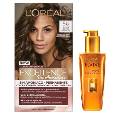 Combo L'oréal Paris Tinta Excellence Sin Amoníaco N°5u Castaño Claro Universal y Tratamiento Elvive óleo Extraordinario 100 Ml
