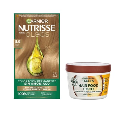 Combo Garnier Tinta Nutrisse óleos N°8.0 Rubio Claro y Mascarilla Capilar Fructis Hair Food Coco 350 Ml
