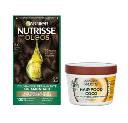 Combo Garnier Tinta Nutrisse óleos N°5.0 Castaño Claro y Mascarilla Capilar Fructis Hair Food Coco 350 Ml