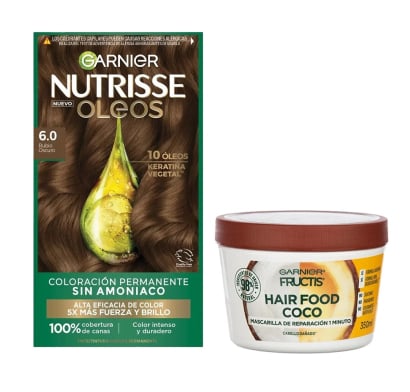 Combo Garnier Tinta Nutrisse óleos N°6.0 Rubio Oscuro y Mascarilla Capilar Fructis Hair Food Coco 350 Ml