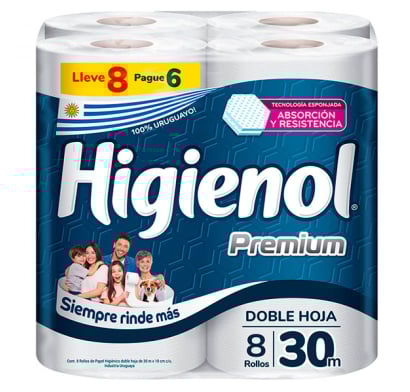 Papel Higiénico Higienol Premium Doble Hoja 30 M 8 Rollos