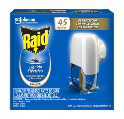 Aparato Eléctrico Insecticida Raid Líquido + Repuesto 45 Noches 32.9 Ml