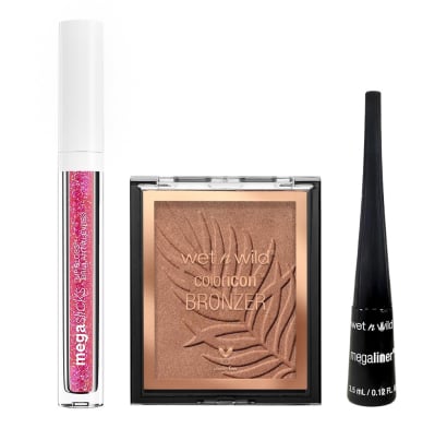 Combo Wet And Wild Polvo Compacto Color Icon Bronzer Cobre, Delineador De Ojos Líquido Mega Linerblack y Labial Gloss Crushed Grapes