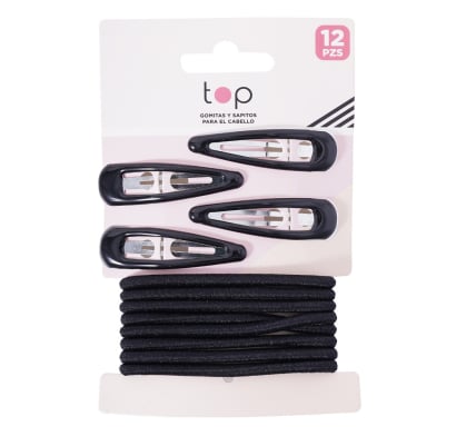 Set de Gomitas y Broches para el Pelo Top Negro 12 Unidades