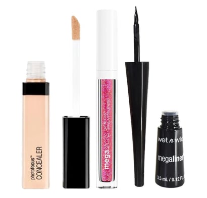 Combo Wet And Wild Corrector Líquido N°840b Ivory, Delineador De Ojos Líquido Mega Linerblack y Labial Gloss Crushed Grapes