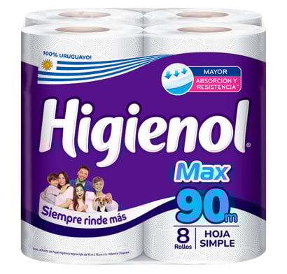 Papel Higiénico Higienol Max Hoja Simple 90 M 8 Rollos