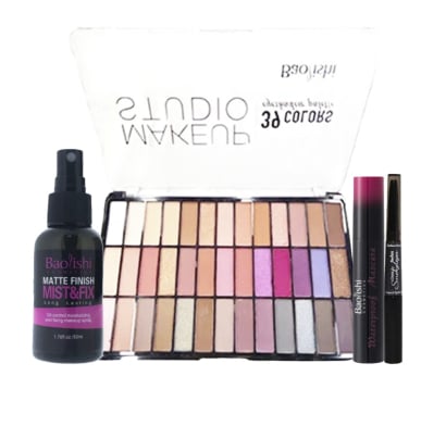 Combo Baolishi Fijador De Maquillaje, Delineador De Ojos Doble, Máscara De Pestañas Cool Black y Petaca De Sombras N°2