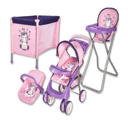 Coche De Muñeca Bebesit Set 4 Piezas Violeta