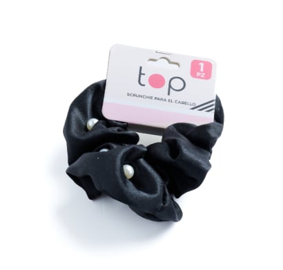Gomita Scrunchie Para El Pelo Top Negra Con Perlas 1 Unidad