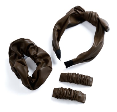 Set De Vincha, Gomitas Y Broches Para El Pelo Top Cuerina Marrón 4 Unidades