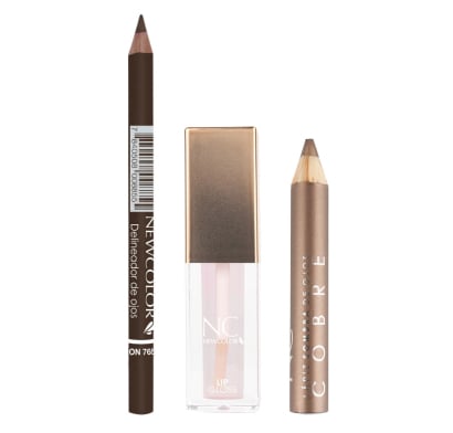 Combo New Color Delineador De Ojos Marrón Classic, Labial Gloss Traslucido N°1 Rosa y Sombra De Ojos Cobre