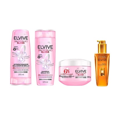 Combo Elvive Glycolic Gloss Shampoo, Acondicionador, Mascarilla y Tratamiento óleo Extraordinario