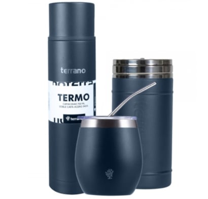 Kit Terrrano Termo Mate Y Yerbera Azul