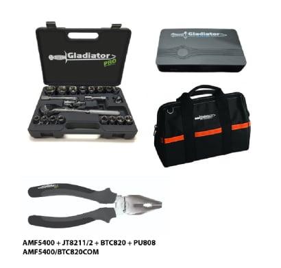 Kit de Herramientas Gladiator Arrancador AMF5400 + Juego de Tubo Llave JT8211/2 + Pinza PU808 + Bolso