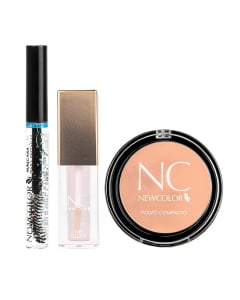 Combo New Color Máscara De Pestañas Transparente, Polvo Compacto N°1 Beige y Labial Gloss Traslucido N°1 Rosa