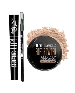 Combo Idi Polvo Compacto All Day N°01 Porcelana, Delineador De Ojos Retráctil Con Esfumino Waterproof N°1 y Máscara De Pestañas Volumen Up N°1 Black
