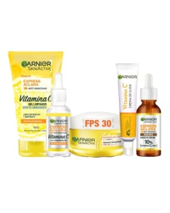 Combo Garnier Express Aclara Sérum 30 Ml, Sérum Noche Vit C 30 Ml, Gel de Limpieza 150 Ml, Crema de Ojos 15 Ml y Crema 50 Ml 