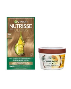 Combo Garnier Tinta Nutrisse óleos N°8.0 Rubio Claro y Mascarilla Capilar Fructis Hair Food Coco 350 Ml