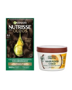 Combo Garnier Tinta Nutrisse óleos N°5.0 Castaño Claro y Mascarilla Capilar Fructis Hair Food Coco 350 Ml