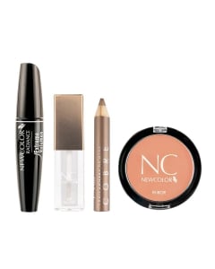Combo New Color Rubor Compacto N°2 Medium Matte, Máscara De Pestañas Radiance Extrem Volume, Sombra De Ojos Cobre y Labial Gloss N°15 Transparente