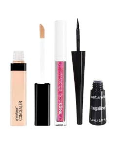 Combo Wet And Wild Corrector Líquido N°840b Ivory, Delineador De Ojos Líquido Mega Linerblack y Labial Gloss Crushed Grapes