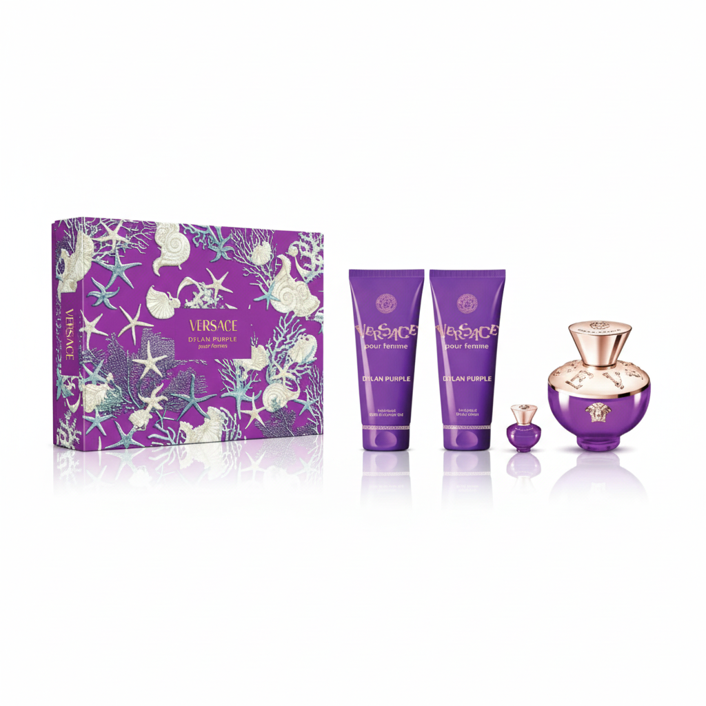 Cofre Versace Perfume Dylan Purple Femme EDP 100 ml + Mini Talla 5 ml + Loción Corporal 100 ml + Gel de Ducha 100 ml