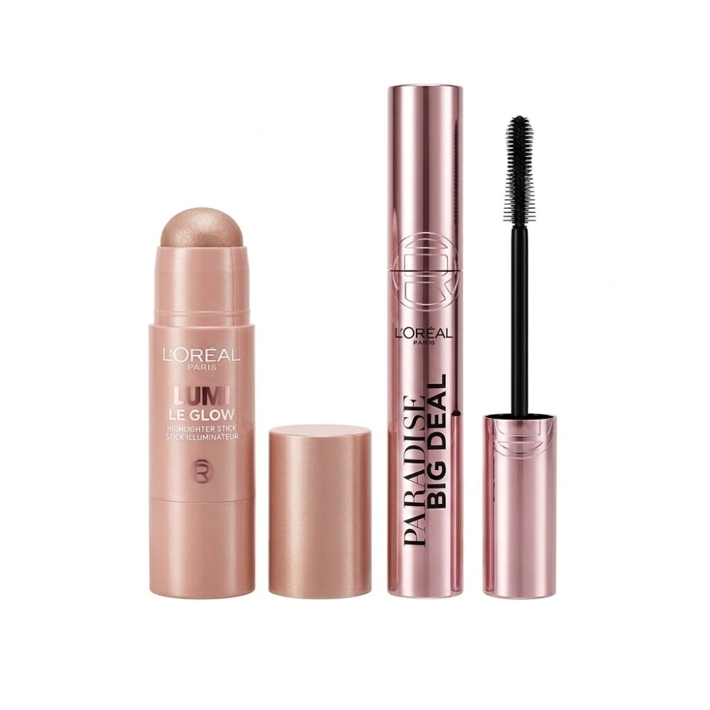 Combo L'Oréal Paris Iluminador Le Glass Stick N°640 Glowy Sparkling Rose y Máscara de Pestañas Paradise Big Deal Blackest