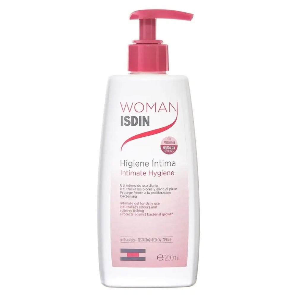 Gel de higiene íntima Isdin Woman de 200ml para el cuidado diario femenino.
