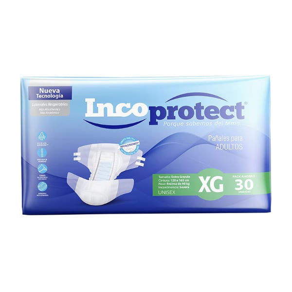 Empaque de 30 pañales para adultos Incoprotect talle XG (Extra Grande).
